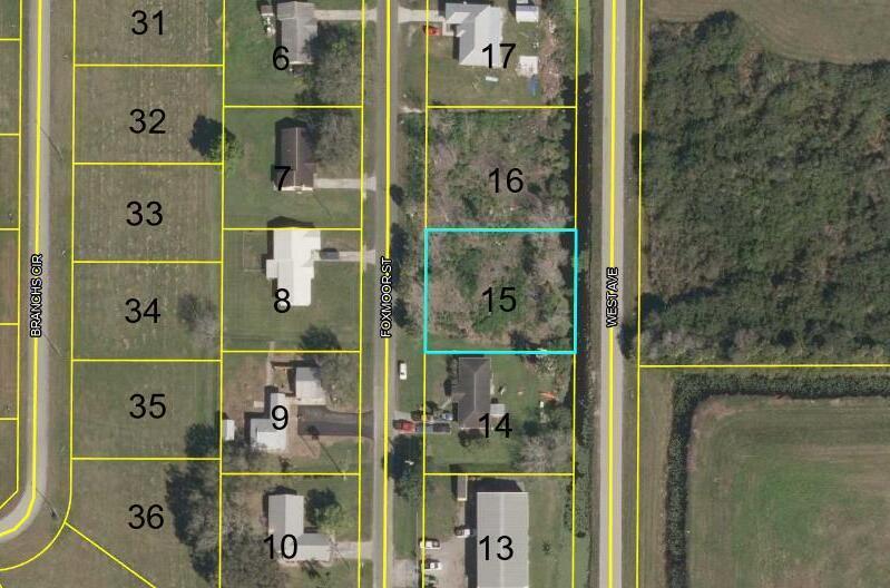 This is an aerial map showing a vacant lot highlighted in blue among residential properties — 1170 Foxmoor Street, Moore Haven FL 33471, MOORE HAVEN, FL