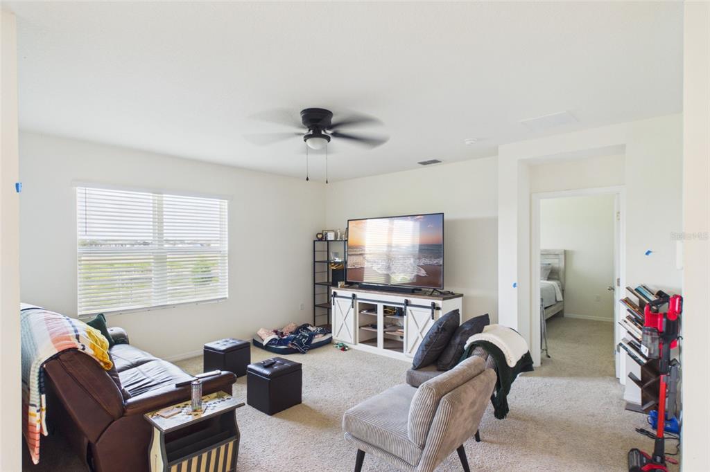 A carpeted living room features a leather sofa, a television on a console, and a ceiling fan — 804 AUBURN GROVE COURT, AUBURNDALE, FL