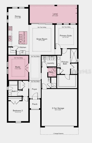 This floor plan shows a single-story home with a two-car garage, lanai, and three bedrooms — 7424 MOONBEAM AVENUE, SARASOTA, FL