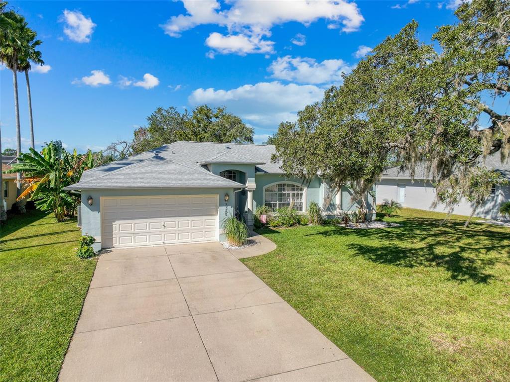 A light green single-story house with a two-car garage and a large oak tree — 3365 INDIAN RIVER STREET, SPRING HILL, FL