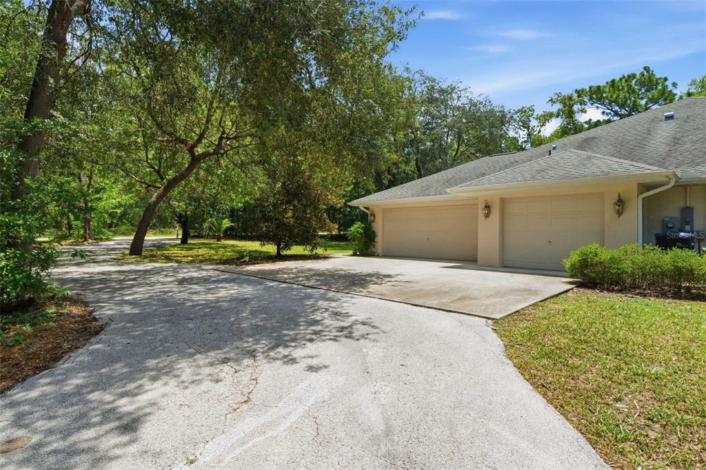 A paved driveway leads to a two-car garage attached to a house surrounded by trees — 4556 N MODELWOOD DRIVE, BEVERLY HILLS, FL