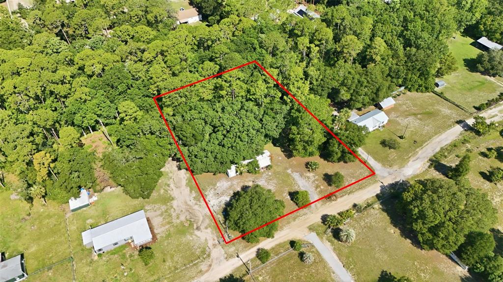 An aerial view shows a wooded residential lot outlined in red with a small house — 37807 DEERWOODS DRIVE, EUSTIS, FL