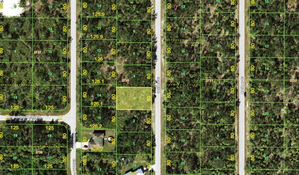 This is a map showing a vacant residential lot highlighted in yellow among wooded parcels — 3113 GUILFORD STREET, PORT CHARLOTTE, FL