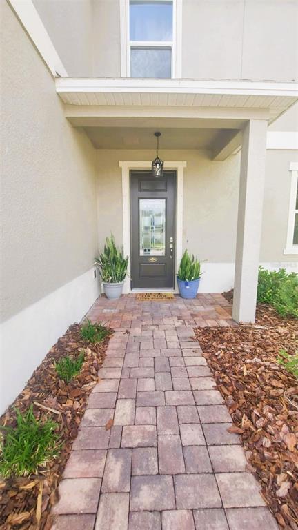 A paved walkway leads to a covered front entryway with a dark door and plants — 11542 BRIGHTON KNOLL LOOP, RIVERVIEW, FL