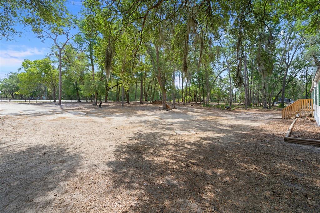 A large, sandy backyard features mature trees with Spanish moss and a wooden deck — 4059 MCKETHAN ROAD, DADE CITY, FL