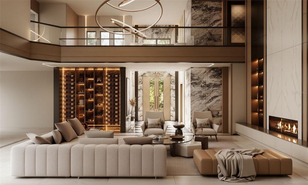 This rendering shows a modern living room with a fireplace, wine display, and mezzanine level — 9117 BAY POINT DRIVE, ORLANDO, FL