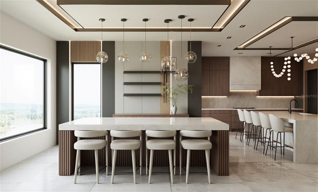 This rendering shows a modern kitchen with a large island, bar seating, and pendant lighting — 9117 BAY POINT DRIVE, ORLANDO, FL