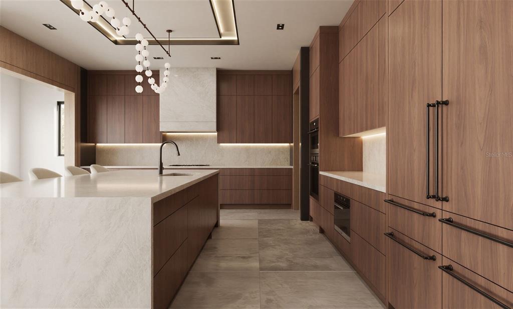This is a rendering of a modern kitchen featuring wood cabinetry and a stone island — 9117 BAY POINT DRIVE, ORLANDO, FL