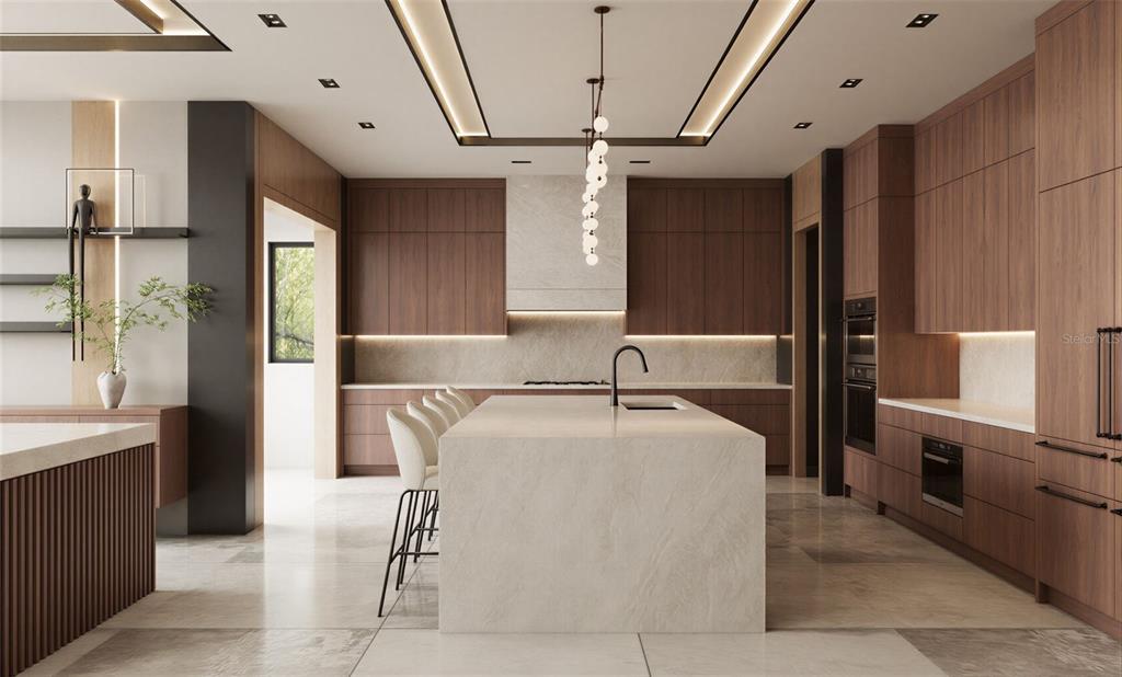 This is a rendering of a modern kitchen featuring wood cabinetry and a stone island — 9117 BAY POINT DRIVE, ORLANDO, FL