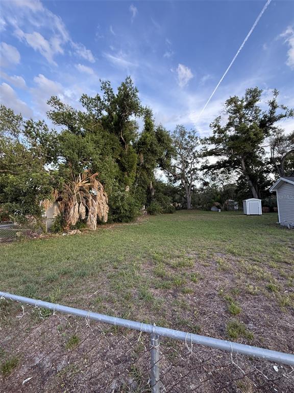 A grassy, fenced-in vacant lot features several large trees and a small storage shed — 1605 E 33RD AVENUE, TAMPA, FL