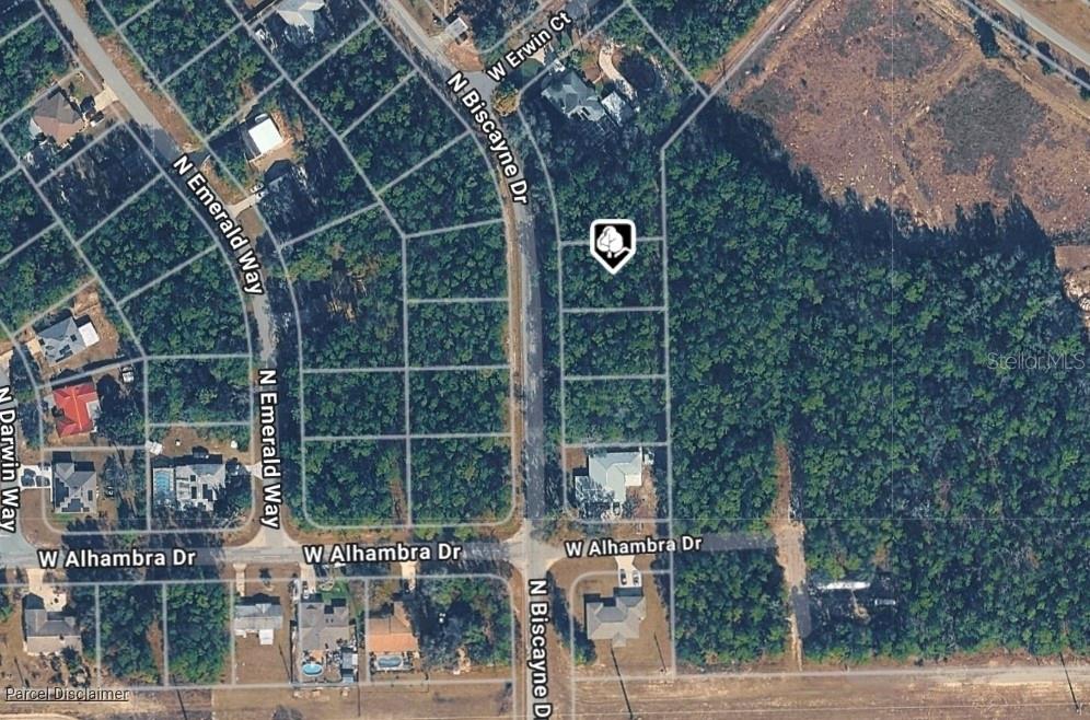 This is an aerial map showing a vacant residential lot located along a paved road — 10075 N BISCAYNE DRIVE, CITRUS SPRINGS, FL