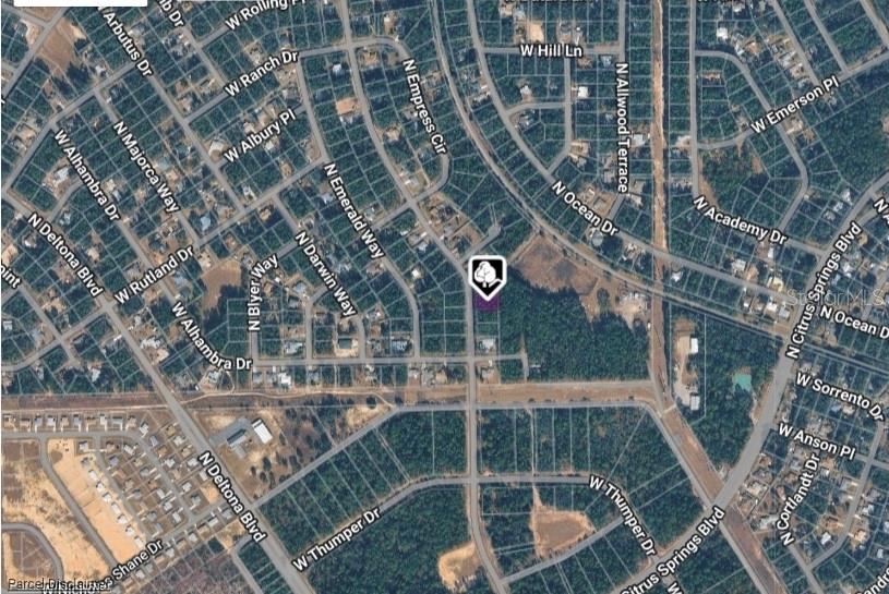 This is an aerial map view of a residential lot in a wooded neighborhood — 10075 N BISCAYNE DRIVE, CITRUS SPRINGS, FL