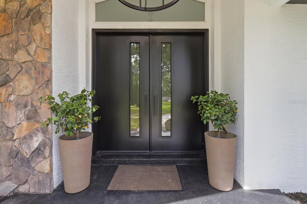A black double front door with vertical glass panels is flanked by two potted plants — 2995 N BRAVO DRIVE, BEVERLY HILLS, FL