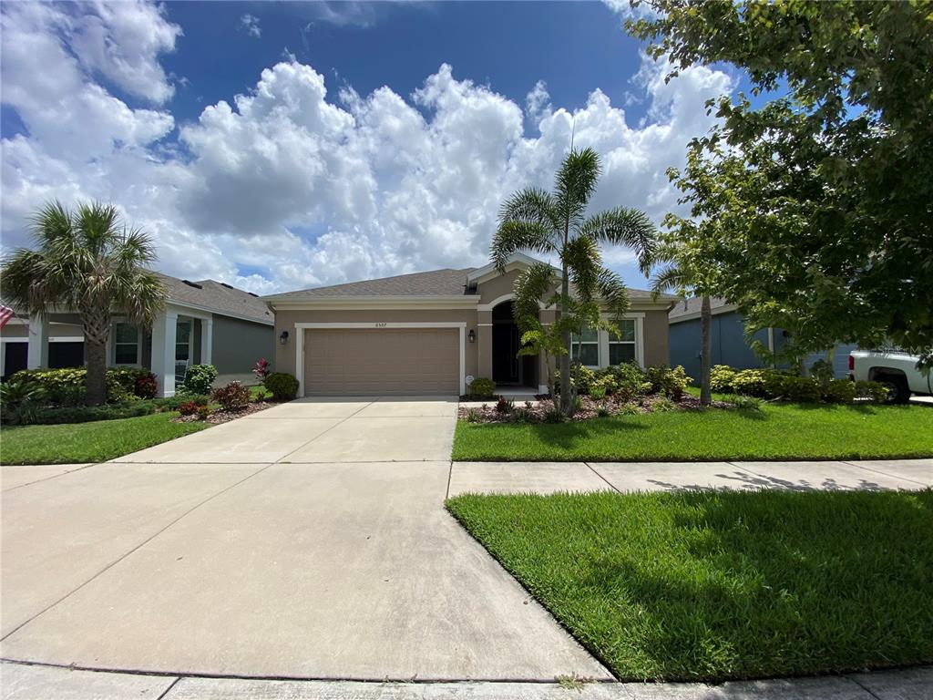 A single-story suburban house with a tan exterior, a two-car garage, and a palm tree — 6507 PARK TERRACE LANE, APOLLO BEACH, FL
