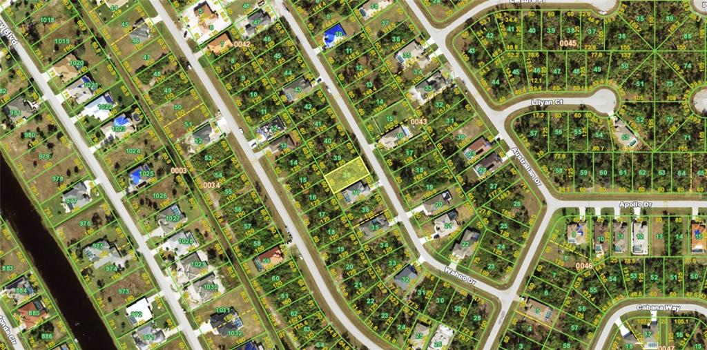 This is an aerial map showing residential lots and streets in a suburban neighborhood — 131 WAHOO DRIVE, ROTONDA WEST, FL