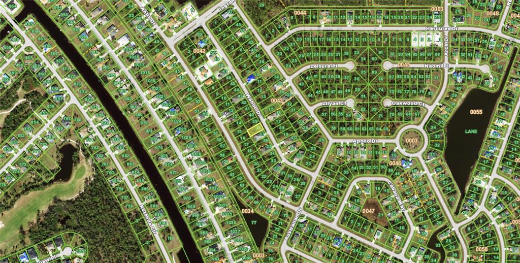 This is an aerial map showing residential lots and streets in a suburban neighborhood — 131 WAHOO DRIVE, ROTONDA WEST, FL