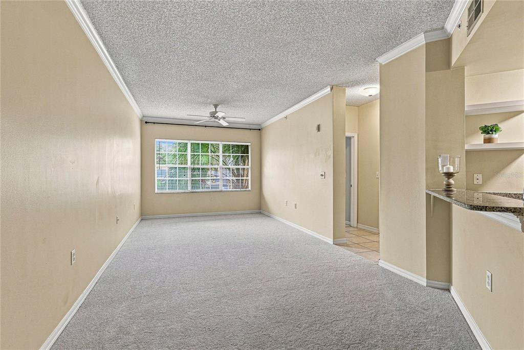 A carpeted living room features a ceiling fan, a large window, and a breakfast bar — 5459 BENTGRASS DRIVE UNIT 2-110, SARASOTA, FL