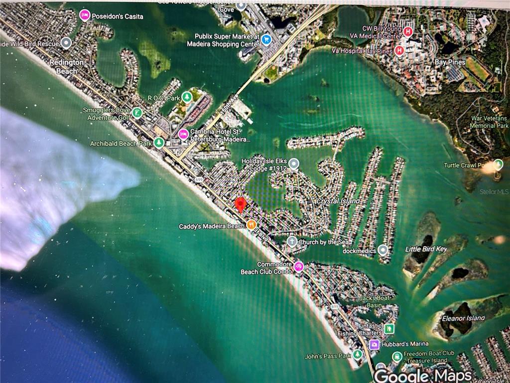 This is a satellite map view of the Madeira Beach area in Florida — 14225 GULF BOULEVARD, MADEIRA BEACH, FL
