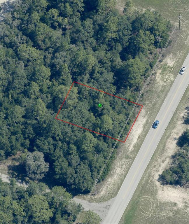 An aerial view shows a rectangular plot of land outlined in red beside a road — 9506 N ELKCAM BOULEVARD, CITRUS SPRINGS, FL