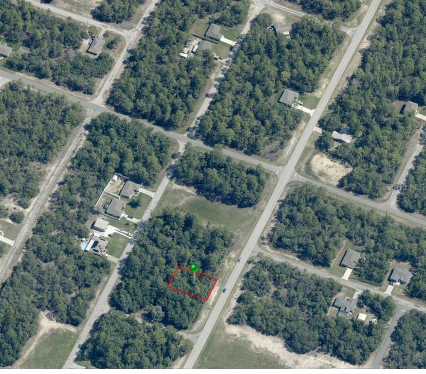 An aerial view shows a rectangular, wooded vacant lot outlined in red along a road — 9506 N ELKCAM BOULEVARD, CITRUS SPRINGS, FL