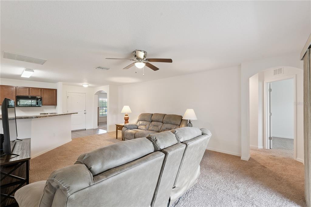 A living room features beige carpet, two gray sofas, and an open kitchen area — 916 ASPEN VIEW CIRCLE, GROVELAND, FL