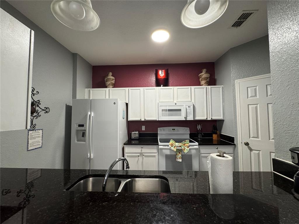 A kitchen features white cabinets, black countertops, a stainless steel sink, and a maroon wall — 2821 ALMATON LOOP UNIT 205, KISSIMMEE, FL