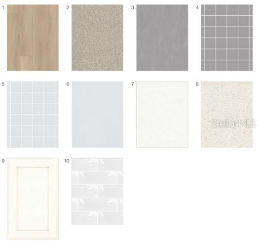 This is a digital collage showing ten different interior finish and material samples — 14788 FIELD DAISY DRIVE, WINTER GARDEN, FL