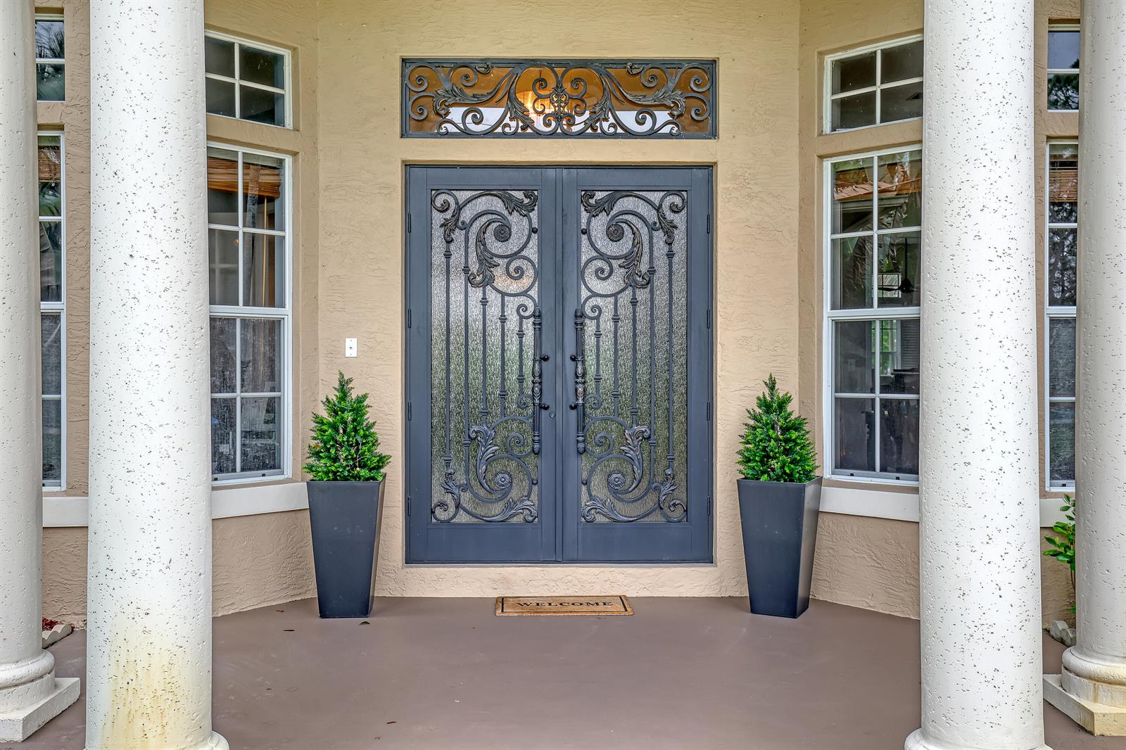 A front entryway features double iron-glass doors, two potted plants, and white columns — 14042 88th Place N, FL 33470, FL