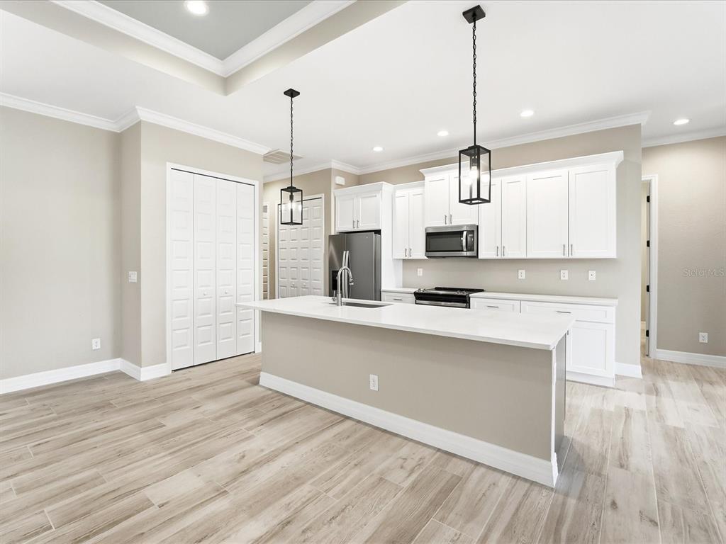 A modern kitchen features white cabinetry, a central island with a sink, and wood-look flooring — 13364 RAYBURN LANE, PORT CHARLOTTE, FL