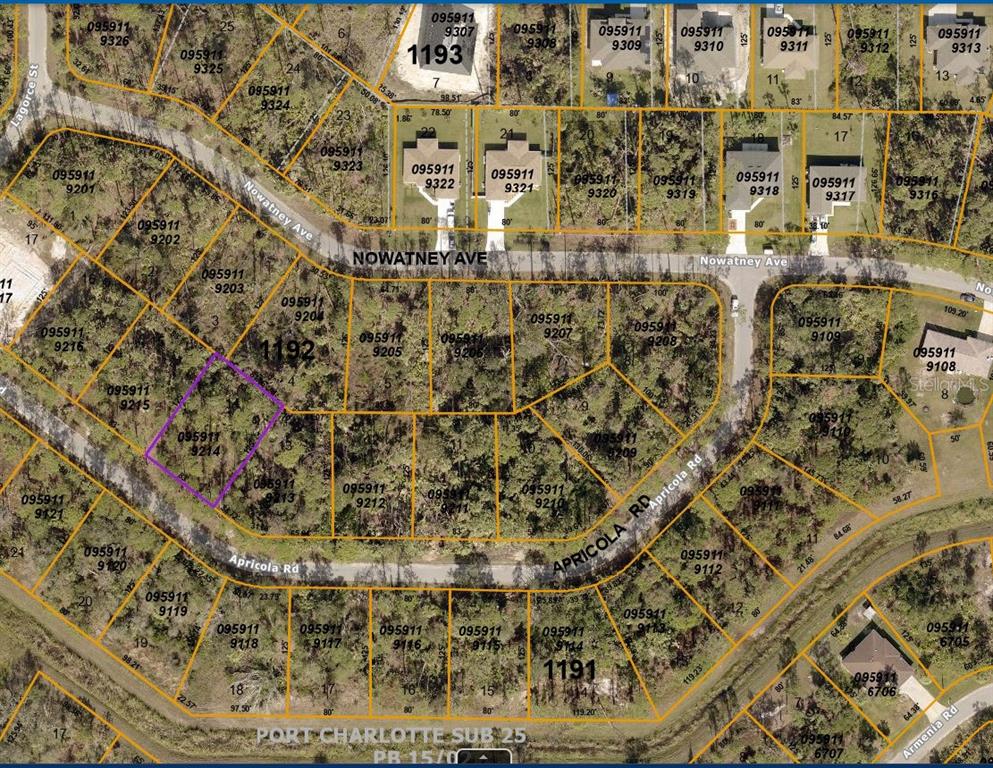 This is a satellite map showing residential land parcels and street layouts in a subdivision — 0 APRICOLA ROAD Lot 14, NORTH PORT, FL