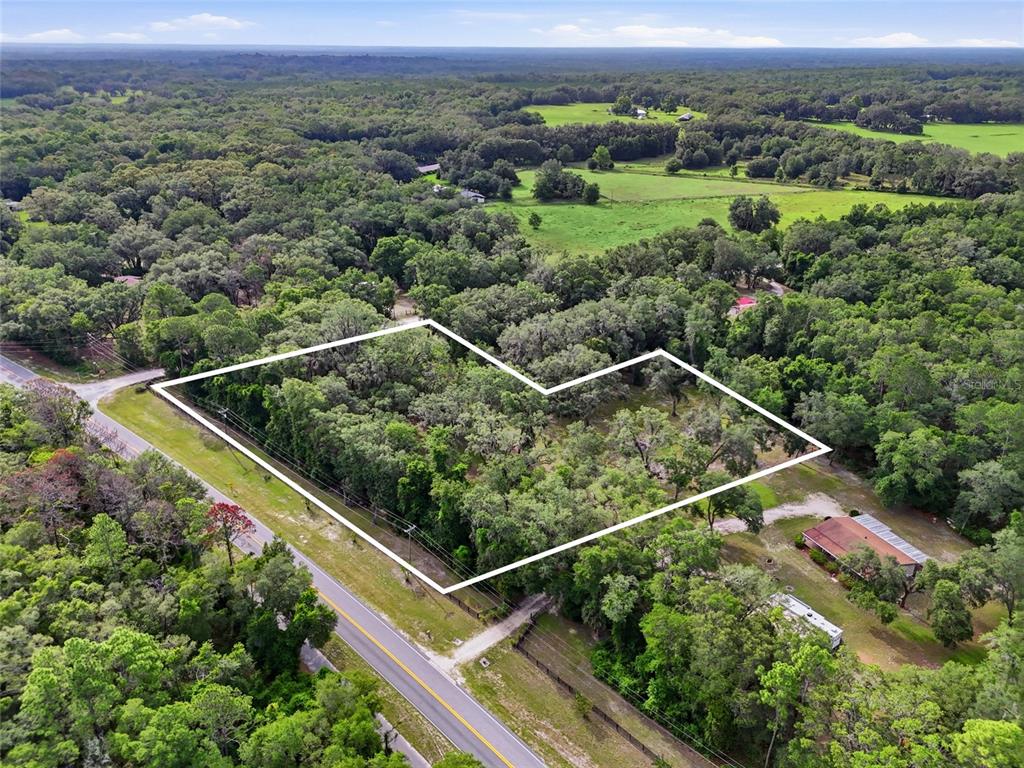 An aerial view shows a wooded plot of land outlined in white next to a road — 00 SW COUNTY ROAD 18, FORT WHITE, FL