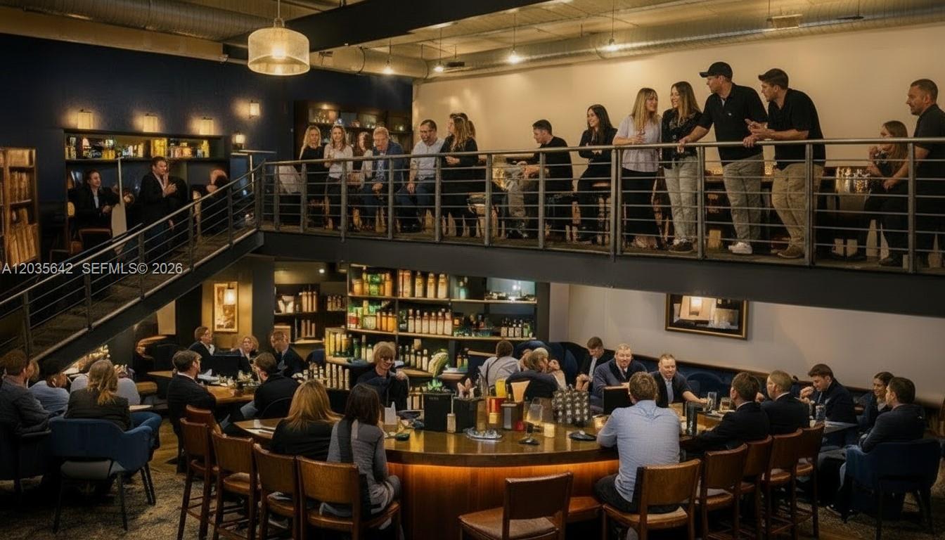A two-story bar and lounge area features a curved wooden counter and a mezzanine level — First Generation Restaurant For Lease In Doral, Doral FL 33166, DORAL, FL