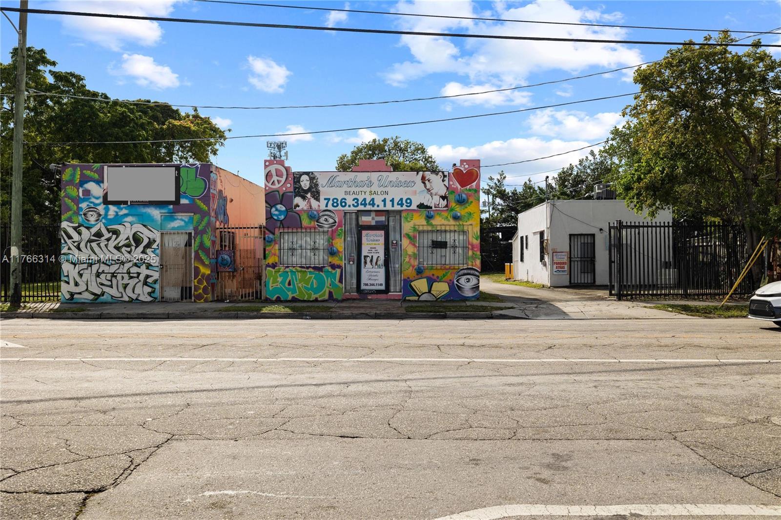Two colorful, graffiti-covered commercial buildings stand side-by-side along a paved street — 660,662,664 NW 29th St, Miami FL 33127, MIAMI, FL