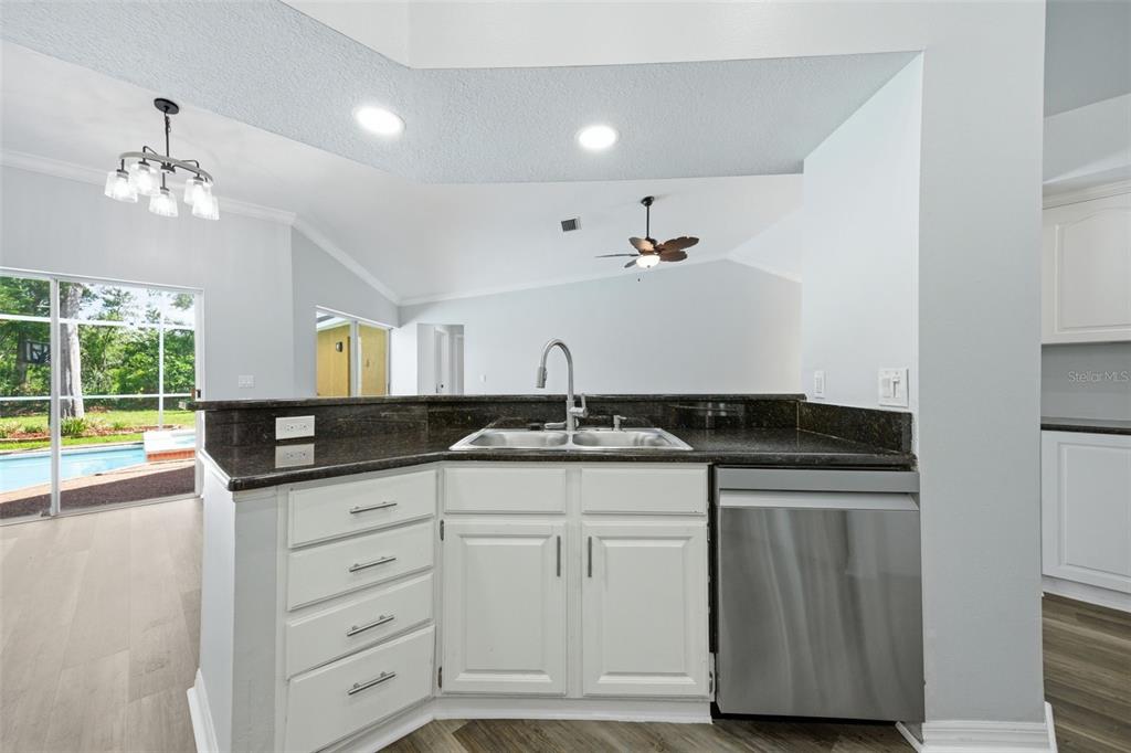 A kitchen sink and dishwasher are set into a dark granite countertop with white cabinets — 504 STRATFIELD DRIVE, LUTZ, FL