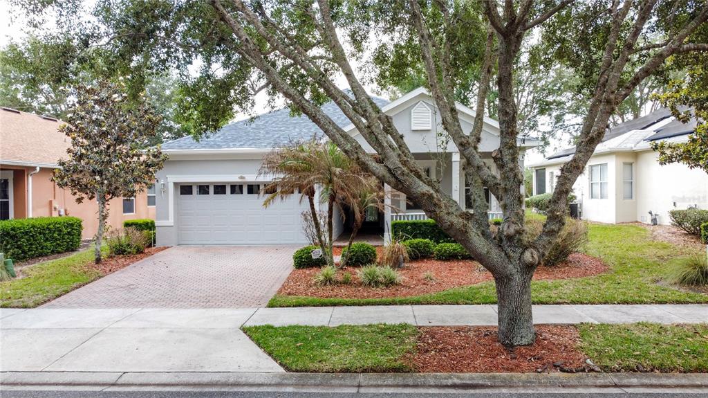 A single-story house with a paved driveway, a two-car garage, and a large front tree — 146 CREPE MYRTLE DRIVE, GROVELAND, FL