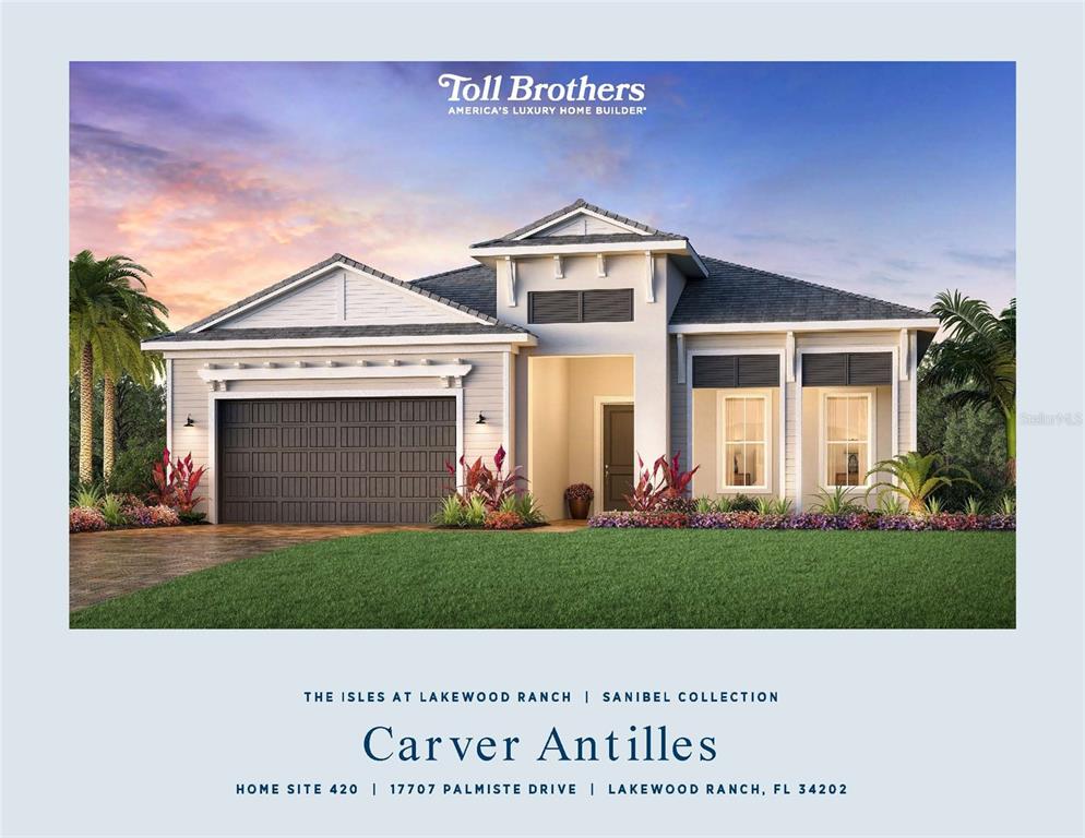 This is a digital architectural rendering of a single-story suburban house with a two-car garage — 17707 PALMISTE DRIVE, BRADENTON, FL