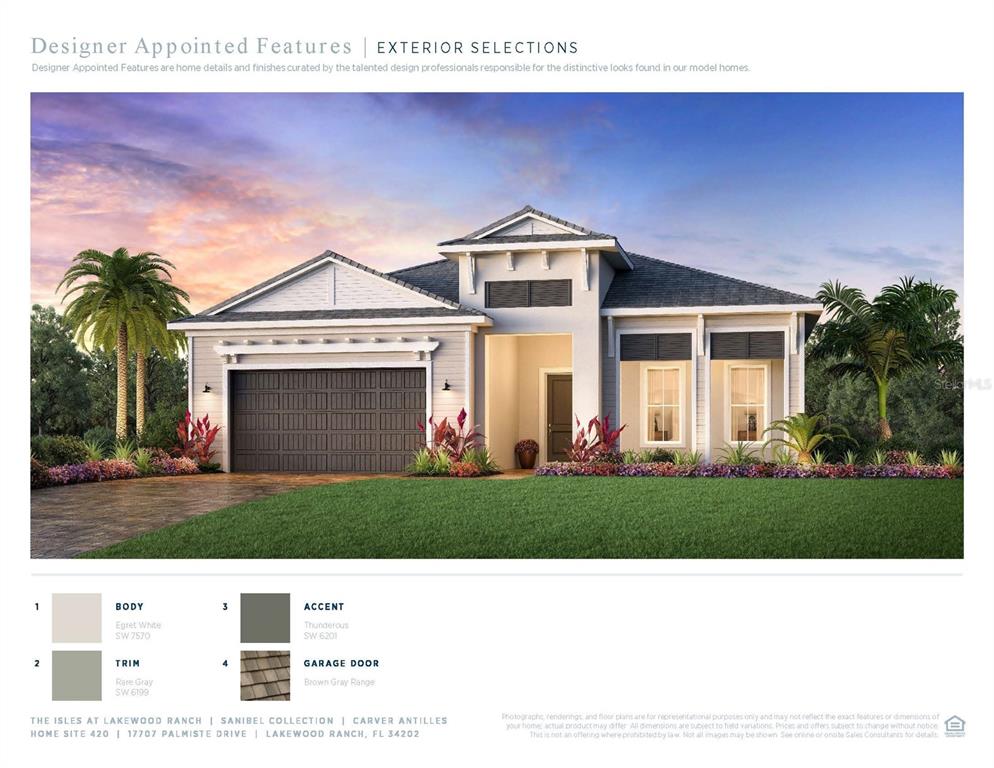 A digital rendering of a single-story house exterior with a garage and neutral color palette — 17707 PALMISTE DRIVE, BRADENTON, FL
