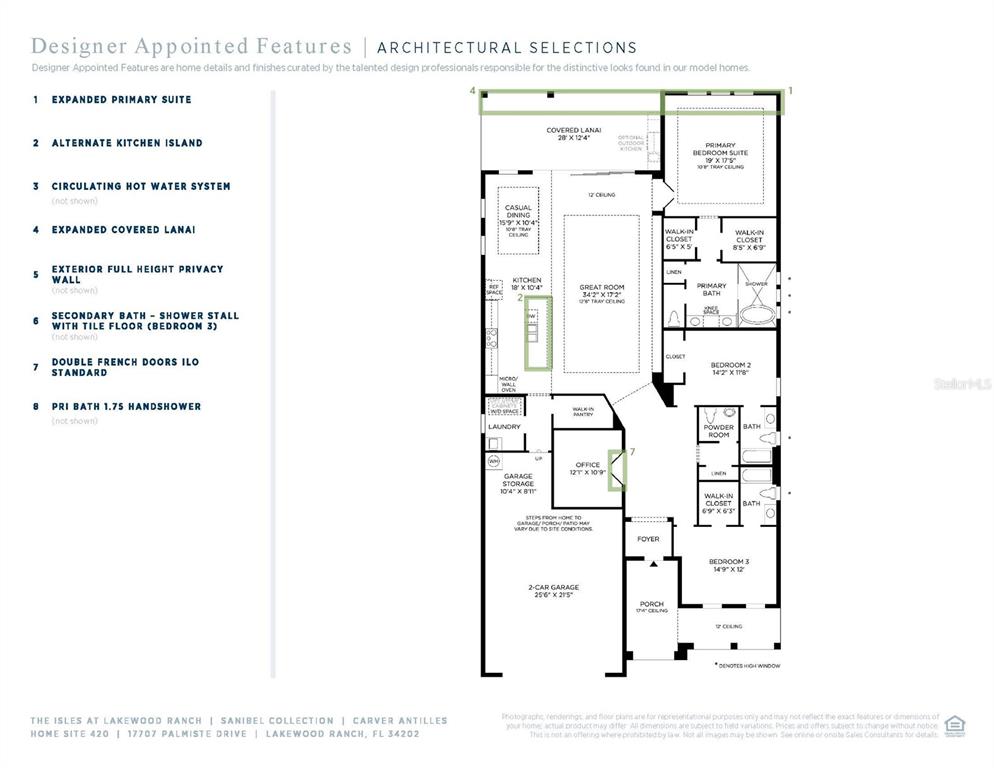 This is a floor plan for a single-story home featuring three bedrooms, an office, and a garage — 17707 PALMISTE DRIVE, BRADENTON, FL