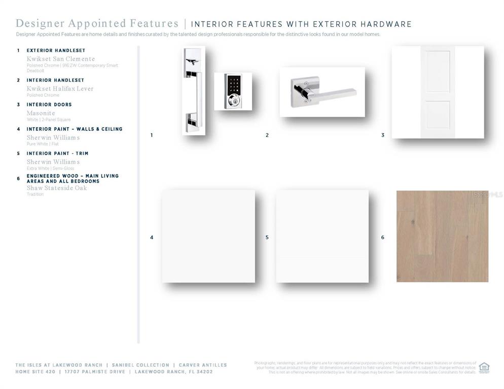 This image displays a design board featuring hardware, door, paint, and flooring samples for a home — 17707 PALMISTE DRIVE, BRADENTON, FL