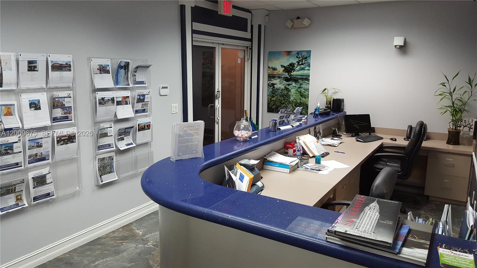 A reception area features a blue countertop desk, wall-mounted brochure displays, and an office chair — 7500 NW 25th St # 114, Miami FL 33122, MIAMI, FL