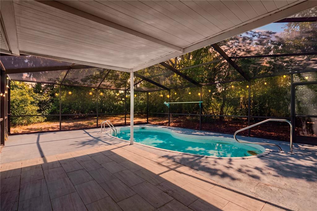 A screened-in patio features a kidney-shaped swimming pool and a tiled floor — 6290 PIEDMONT DRIVE, SPRING HILL, FL