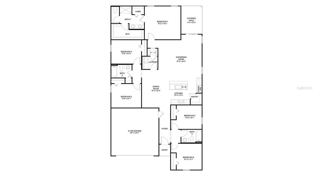 This floor plan shows a five-bedroom home with a two-car garage and a covered patio — 12 SAWDUST LANE, PALM COAST, FL