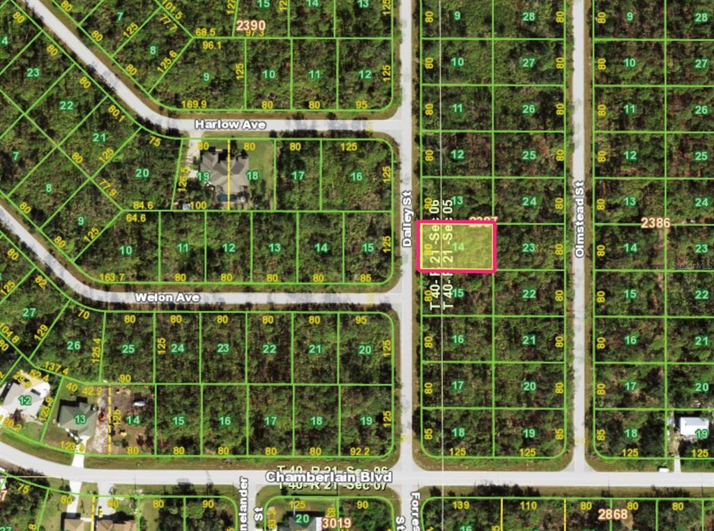 This is a map showing a highlighted vacant residential lot in a suburban neighborhood — 486 DAILEY STREET, PORT CHARLOTTE, FL