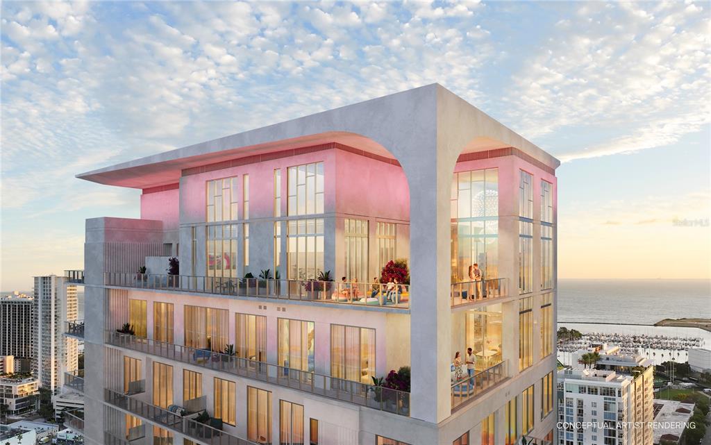 This conceptual artist rendering shows the exterior of a modern high-rise building with balconies — 344 4TH STREET S UNIT PH3, ST PETERSBURG, FL