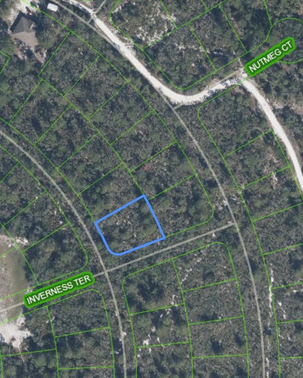 An aerial map view shows a vacant, wooded residential lot outlined in blue — 10581 INTERLACHER DRIVE, SEBRING, FL