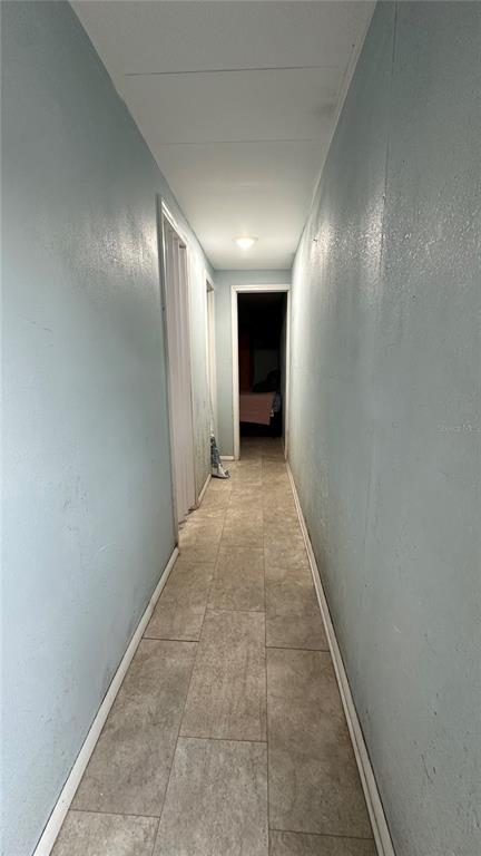 A narrow hallway features light blue walls, tile flooring, and a single ceiling light fixture — 4422 ROSE STREET, VALRICO, FL