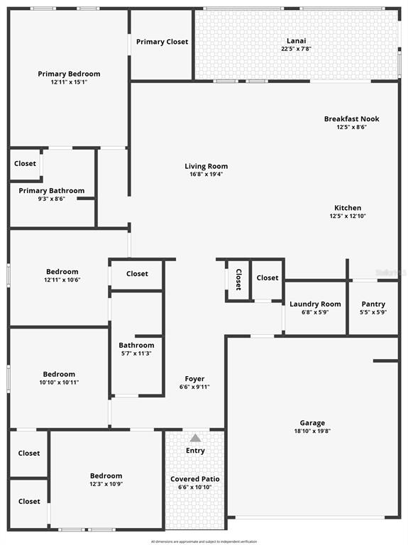 This is a floor plan of a single-story house with three bedrooms, a garage, and a lanai — 1120 TOBIE ST, LAKE WALES, FL