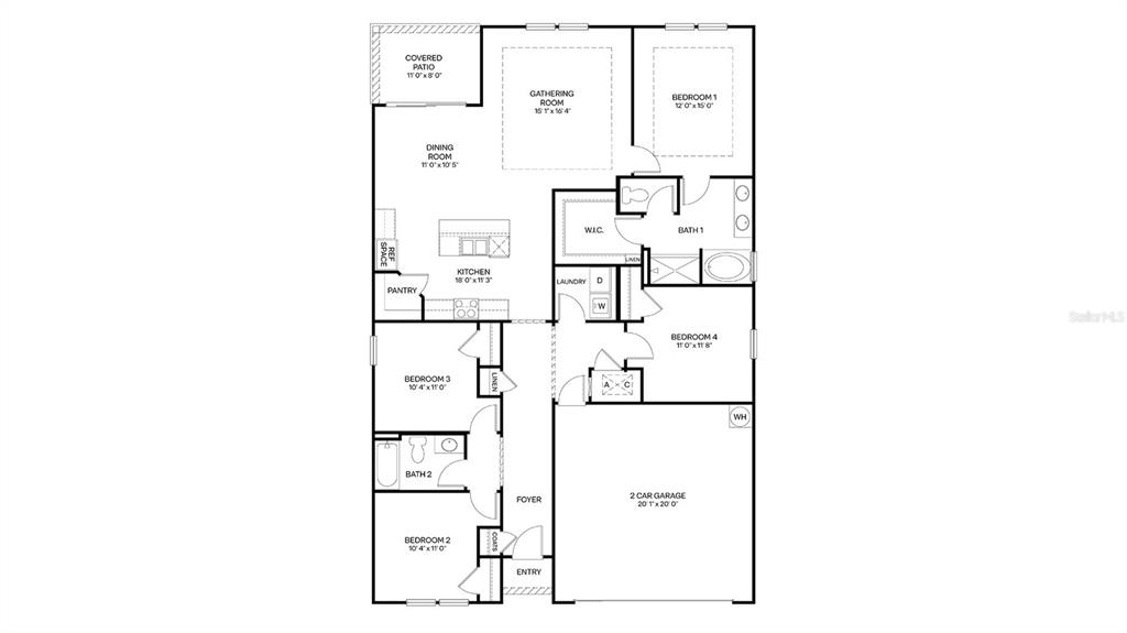 This is a floor plan for a single-story house with four bedrooms and a garage — 155 SPRINGWOOD DRIVE, PALM COAST, FL