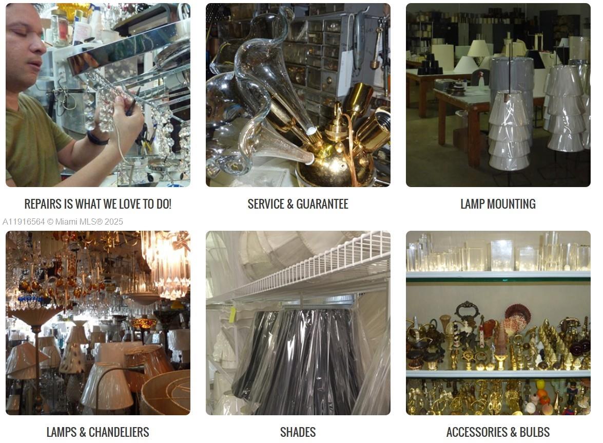 A collage of six images showing a lamp repair shop with various lighting fixtures and accessories — 2178 NE 123rd St, North Miami FL 33181, NORTH MIAMI, FL