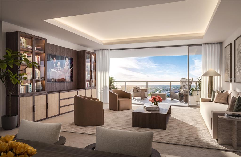 This rendering shows a modern living room with built-in shelving, a balcony, and city views — 111 S ASHLEY DRIVE UNIT 2107, TAMPA, FL